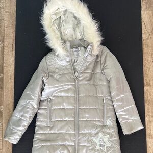 Disney Silver Puffer Jacket with Faux Fur Hood (Frozen)